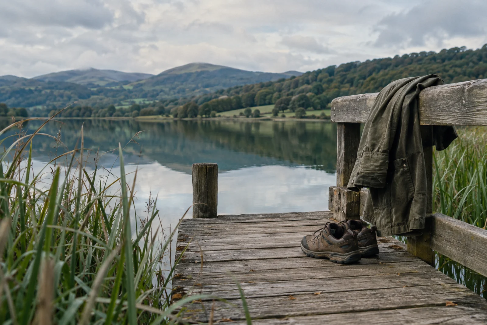 A quiet lakeside jetty, a walking jacket, and a pair of shoes